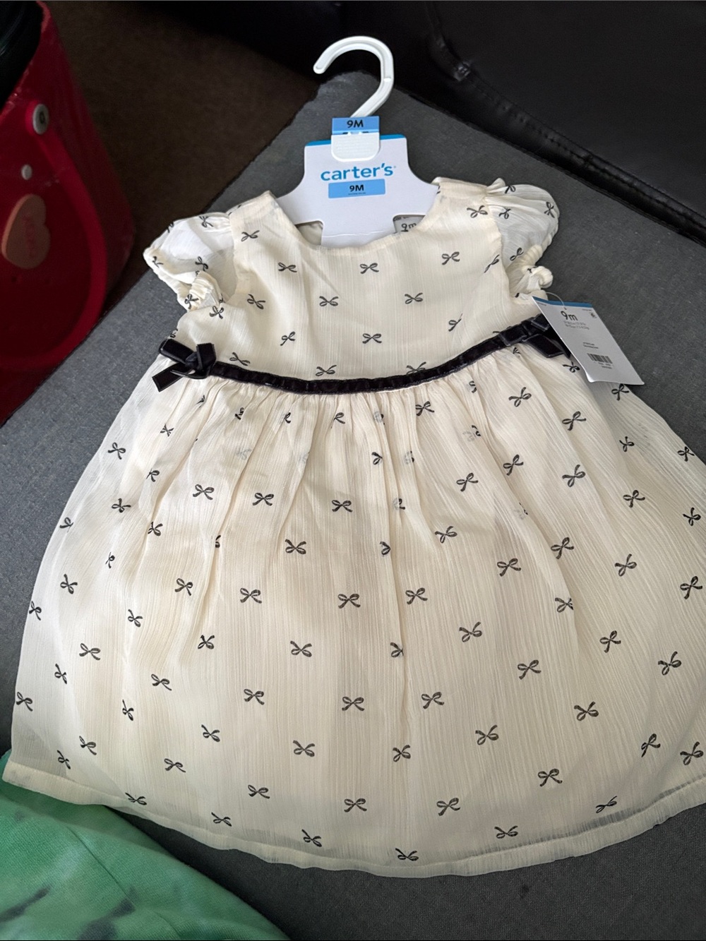 Carter's Cream Dress with Black Bow Print and Velvet Waist
